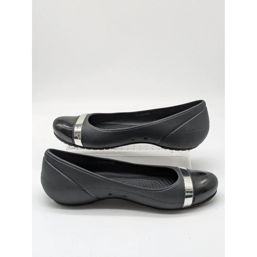 Crocs Women's Flats Black Silver Cap Toe Comfort Slip On Shoes Size 8 W